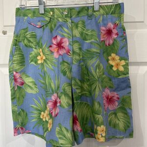 Ralph Lauren Vintage Women's Size 8 Hibiscus Floral Blue Linen Shorts High Waist